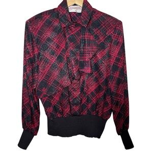 VTG 80s Castleberry Blouse Size 12 Medium Top Red Black Holiday Balloon Sleeve